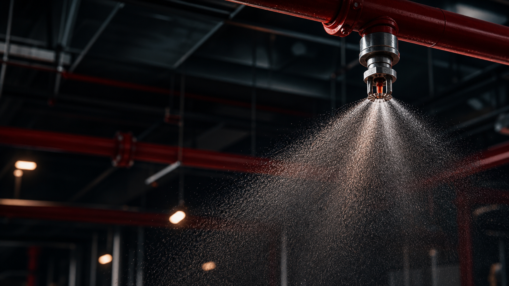 Close-up of active fire sprinkler equipment