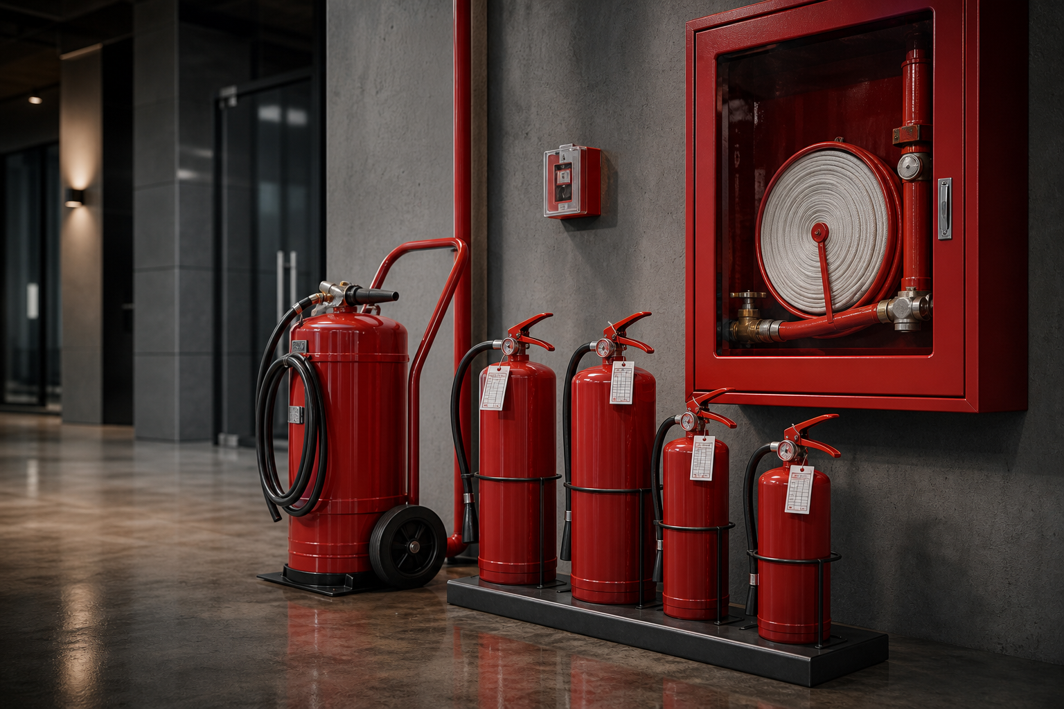 Portable fire extinguishers and red fire hose cabinet