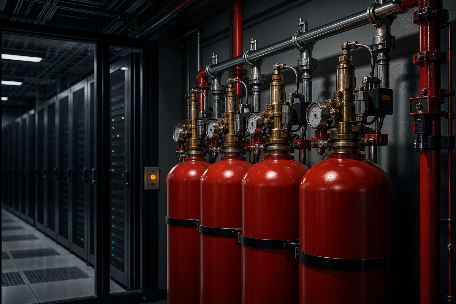 Clean agent fire suppression cylinders in a facility room