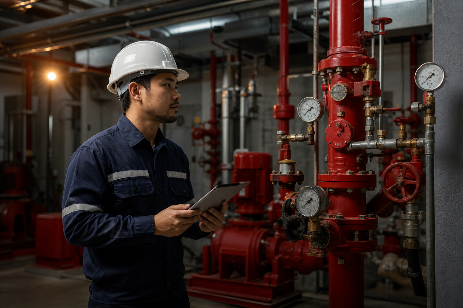 Fire protection technician inspecting pressure gauges